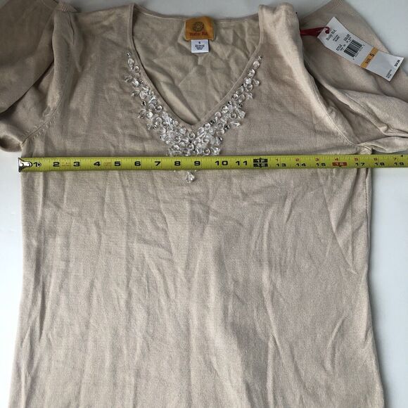 Ruby Rd. Women’s Embellished V neck 3/4 Sleeve Glacé Buff Sweater Small NWT - Picture 4 of 14
